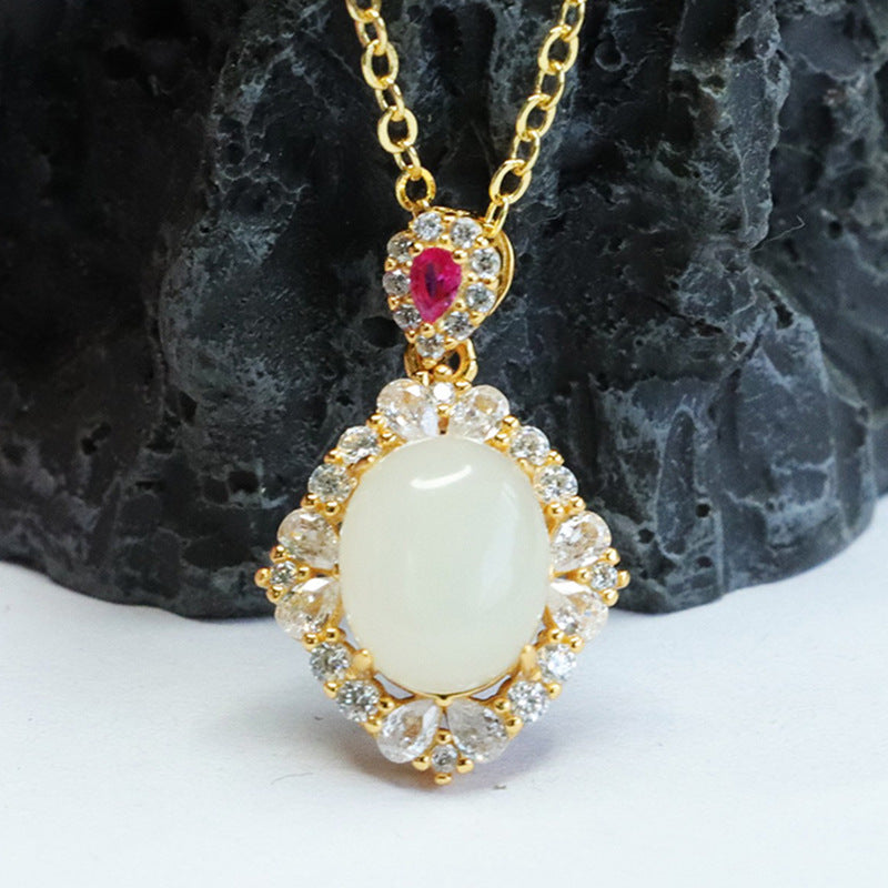 Hotan White Jade Zircon Necklace with Sterling Silver Pendant