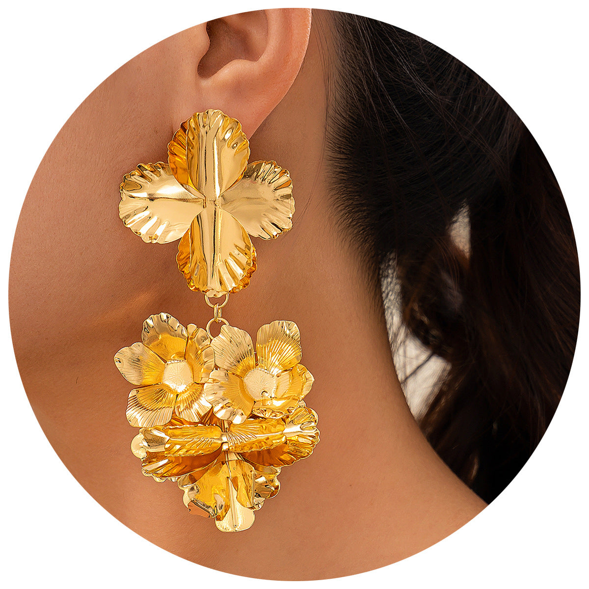 European and American Heart-shaped Geometric Pleated Flower Earrings