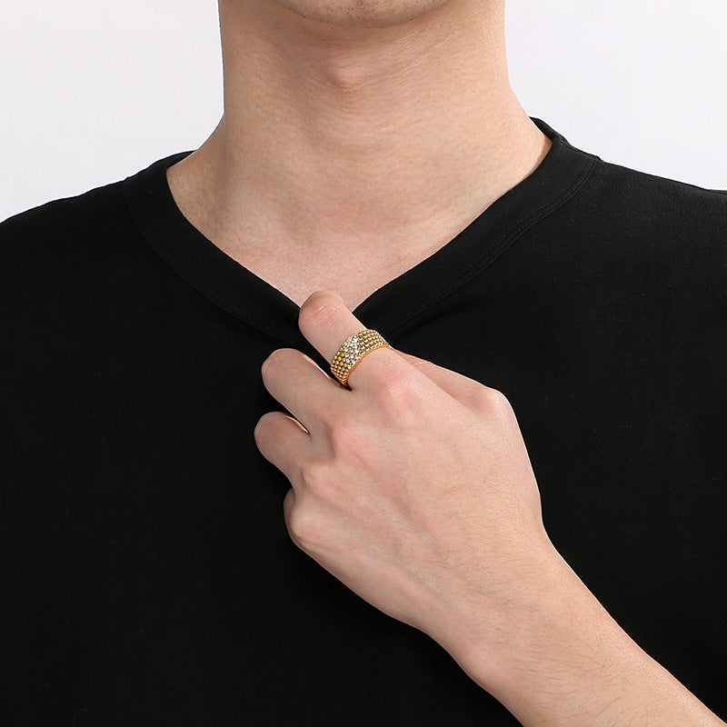 Men's Hip-Hop Inspired 18k Gold Plated Zircon Bead Ring - Retro Stainless Steel Design