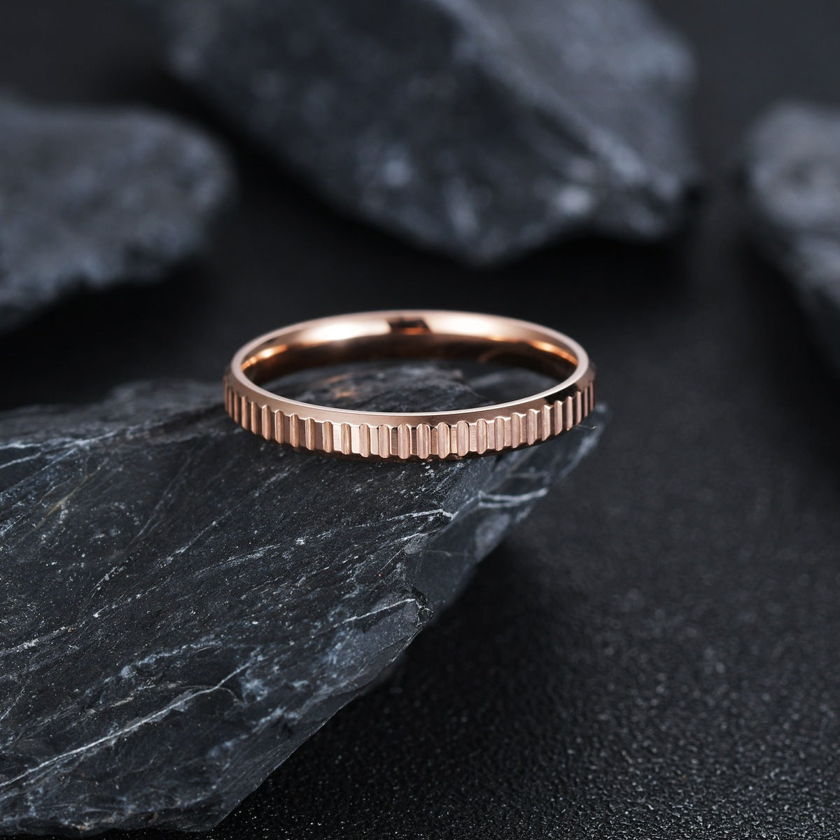 Rose Gold Concave Convex Gear Ring in Titanium Steel - Japanese and Korean Fusion