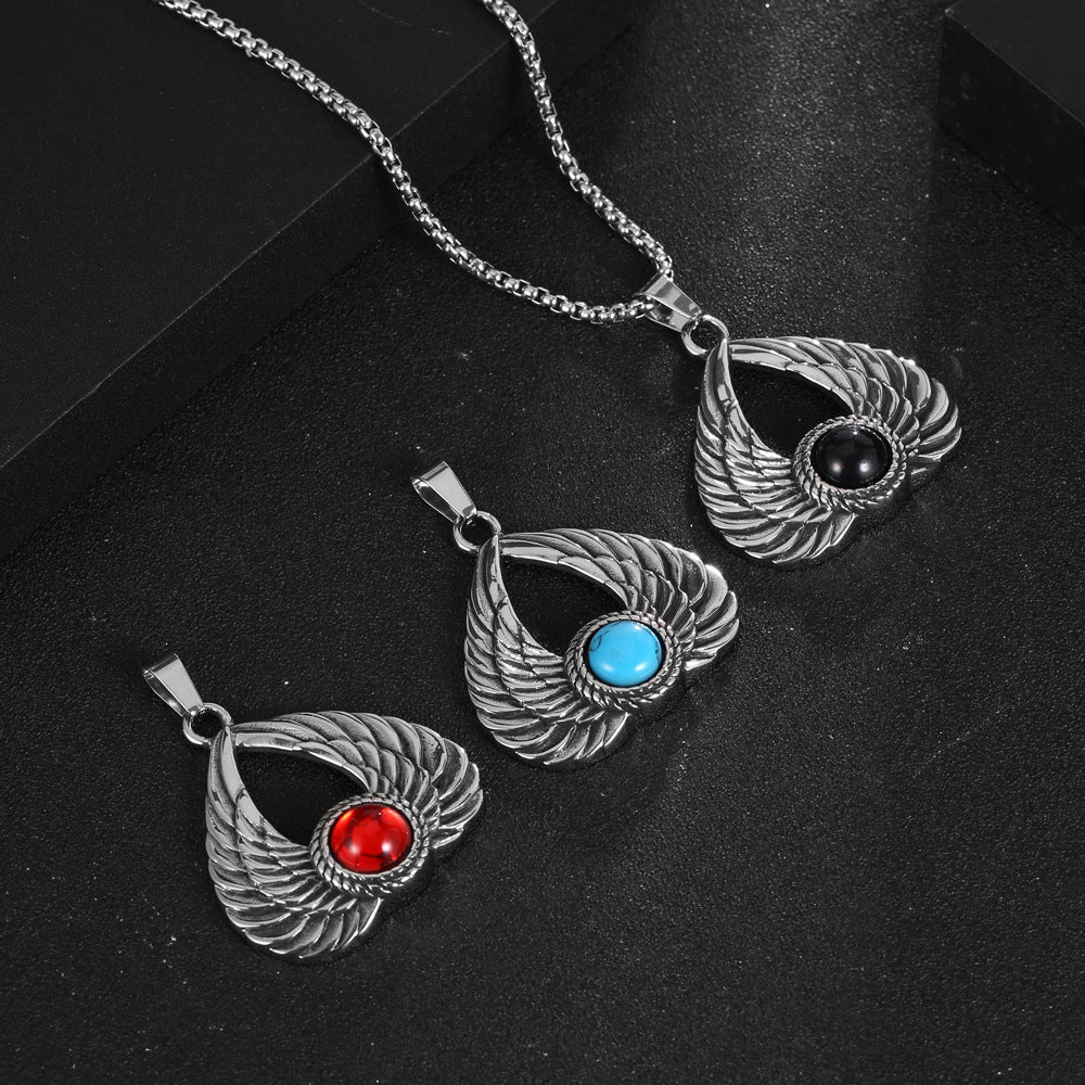 Titanium Steel Retro Wing Pendant Necklace for Men with Three-Color Gemstones