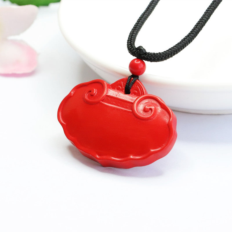 Cinnabar Red Sand Ruyi Lock Pendant with Sterling Silver Charm