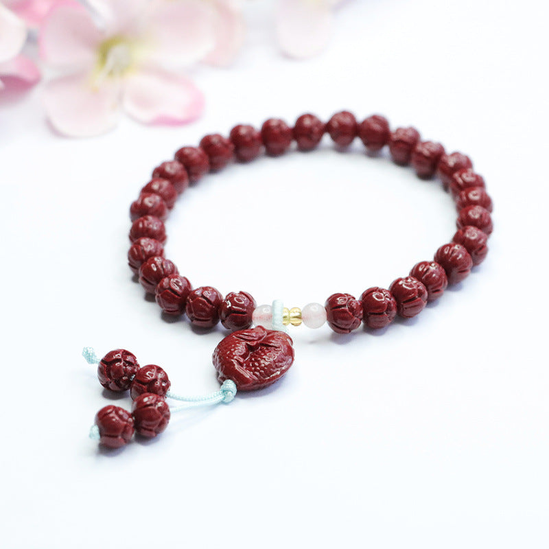 Double Fish Bracelet with Purple Gold Sand, Lotus Beads, and Cinnabar