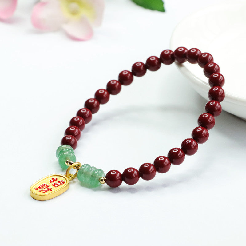 Cinnabar and Gold Sand Aventurine Jade Sterling Silver Bracelet