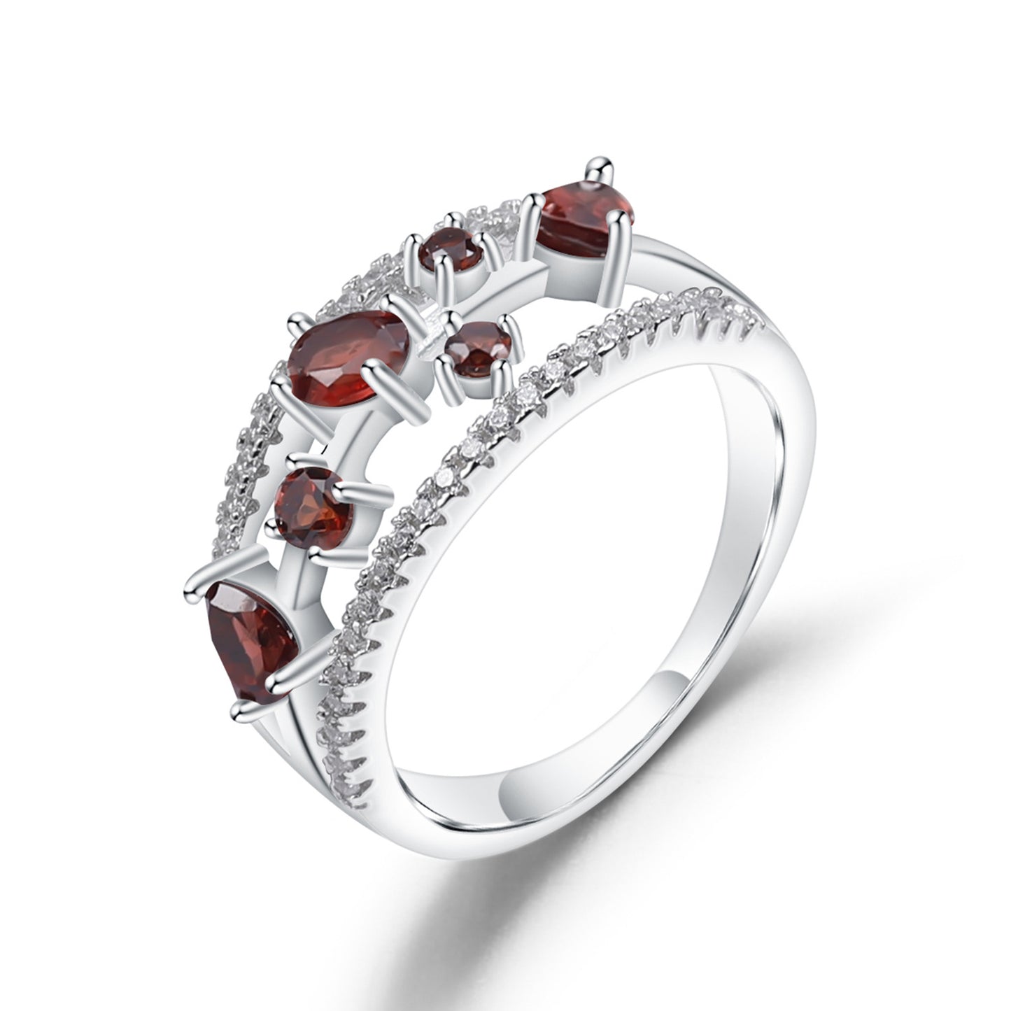 Hollow Three Layer Natural Gemstones Silver Ring