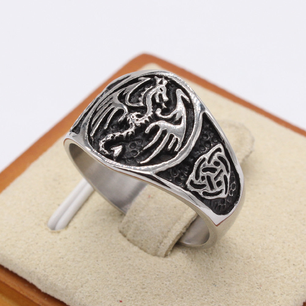 Retro Dragon Clan Logo Men's Titanium Steel Ring with Flying Dragon