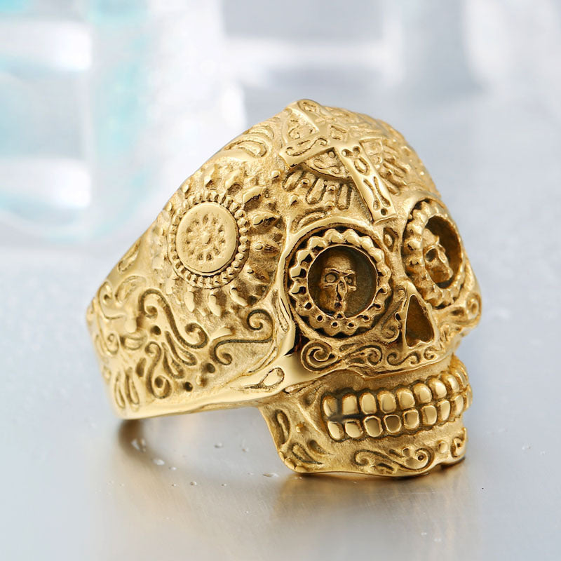 Retro Titanium Steel Electroplated All-Gold Cross Skull Ring for Men - Personalized Engraved Wholesale