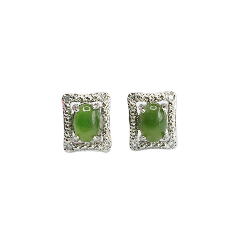 Rectangular Sterling Silver Earrings with Hetian Jade Insets