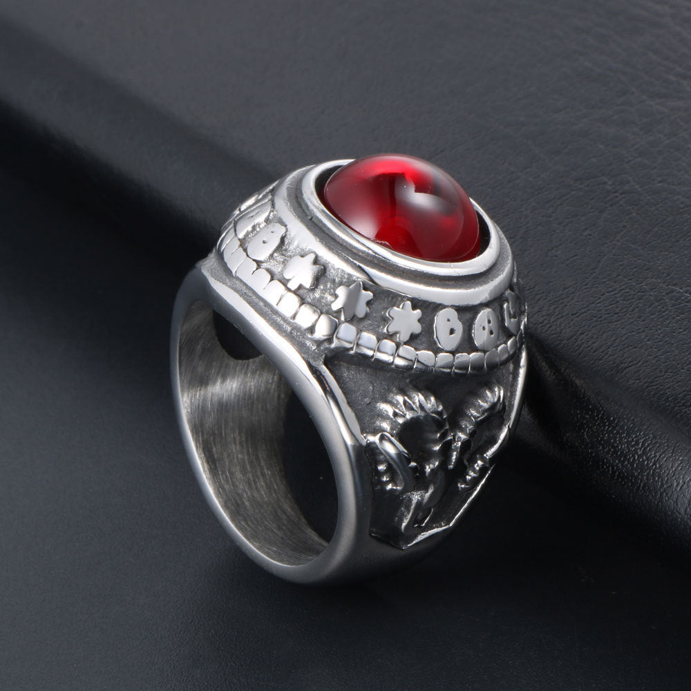 Retro Titanium Steel Ring with Red and Black Agate for Men - Noble Court Fashion Jewelry