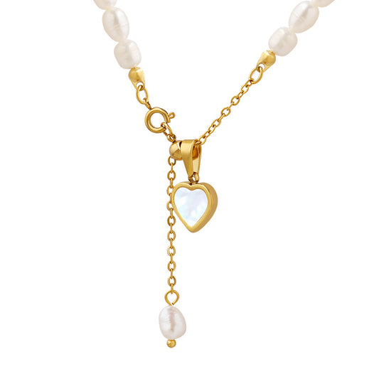 French Style Freshwater Pearl and White Sea Shell Heart Pendant Necklace with Personalized Charm