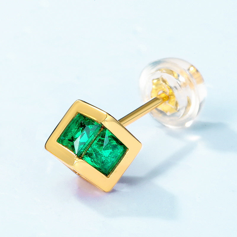 Green Zircon Hollow Cube Sterling Silver Stud Earrings