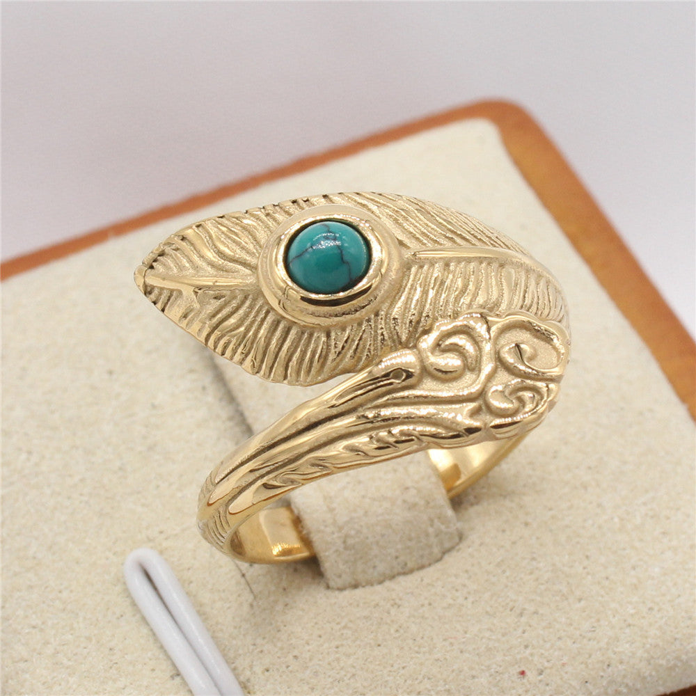 European and American Retro Feather Turquoise Men's Titanium Steel Ring