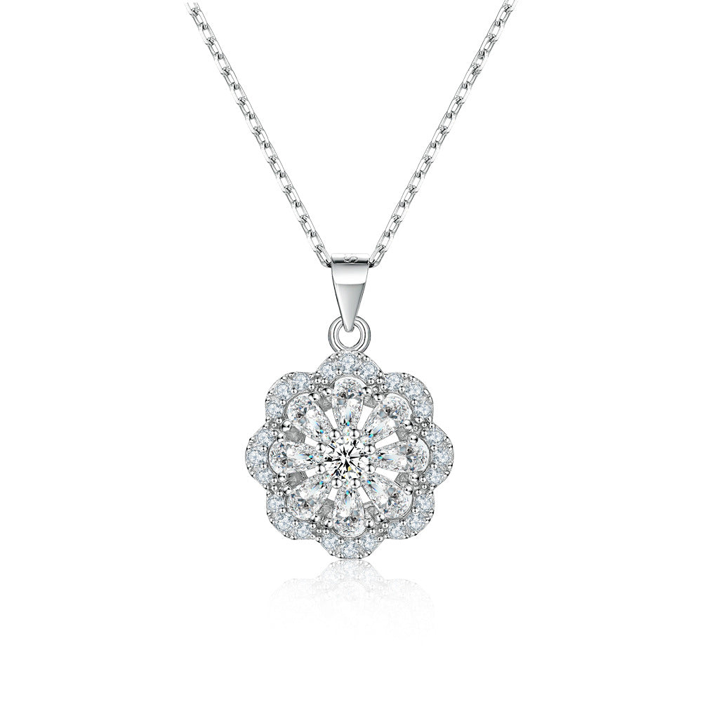 Full Zircon Flower Pendant Sterling Silver Necklace