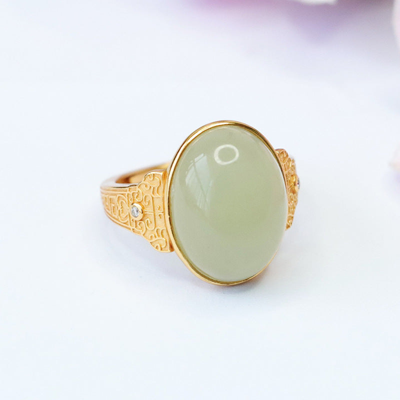 S925 Sterling Silver Adjustable Ring with Natural Hotan Jade Cloudscape Pattern