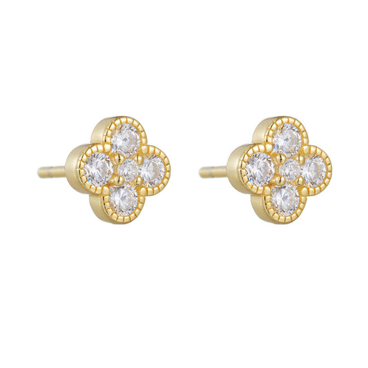 Round Zircon Four Leaf Clover Silver Stud Earrings