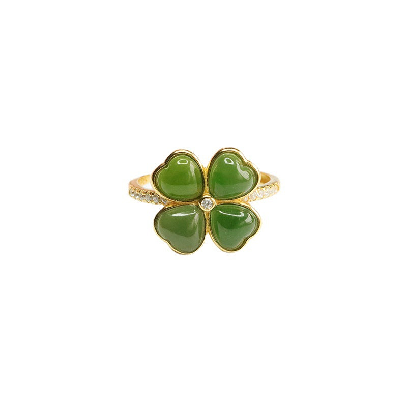 Four Leaf Clover S925 Silver Jade Ring with Zircon Accents