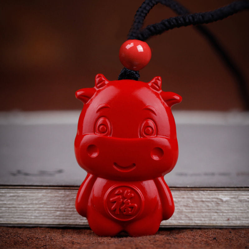 Cinnabar Red Sand Blessing Bull Pendant with Cinnabar Stone