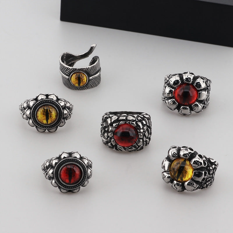 Punk-Style Devil's Eye Ring with Exaggerated Red/Green Design, Skull Feather Titanium Steel for Men