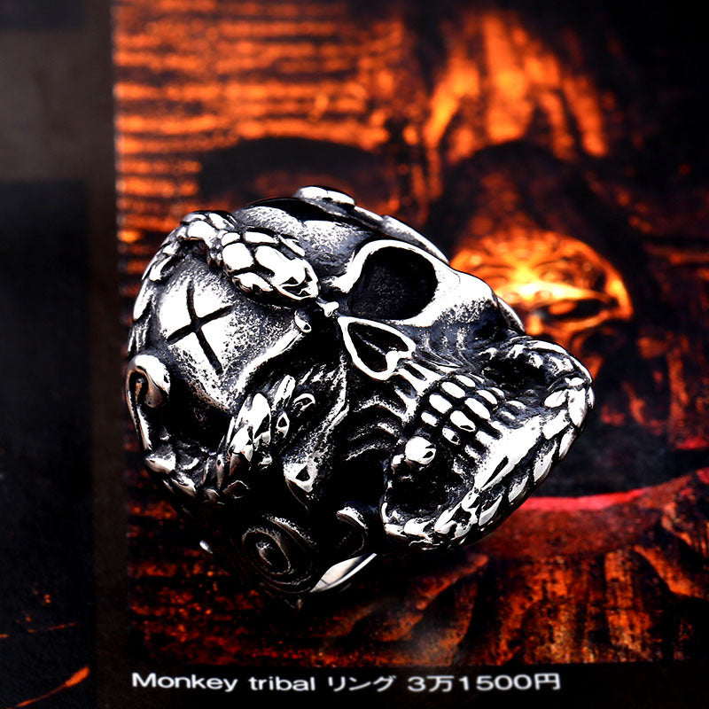 Skull and Snake Titanium Steel Ring for Men - Bold Retro Style Jewelry