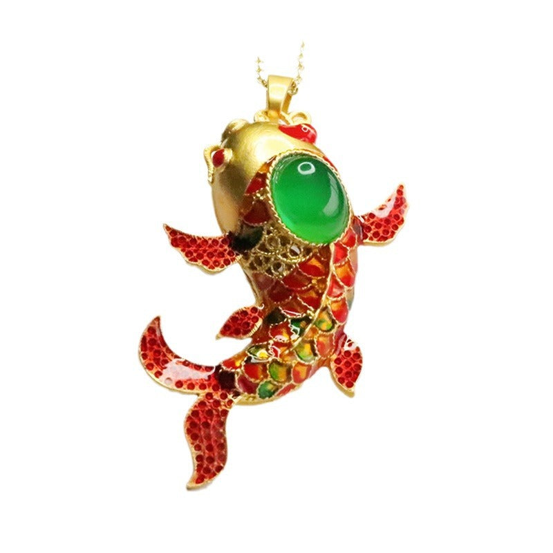 Ice Emperor Green Chalcedony, Enamel Goldfish Pendant