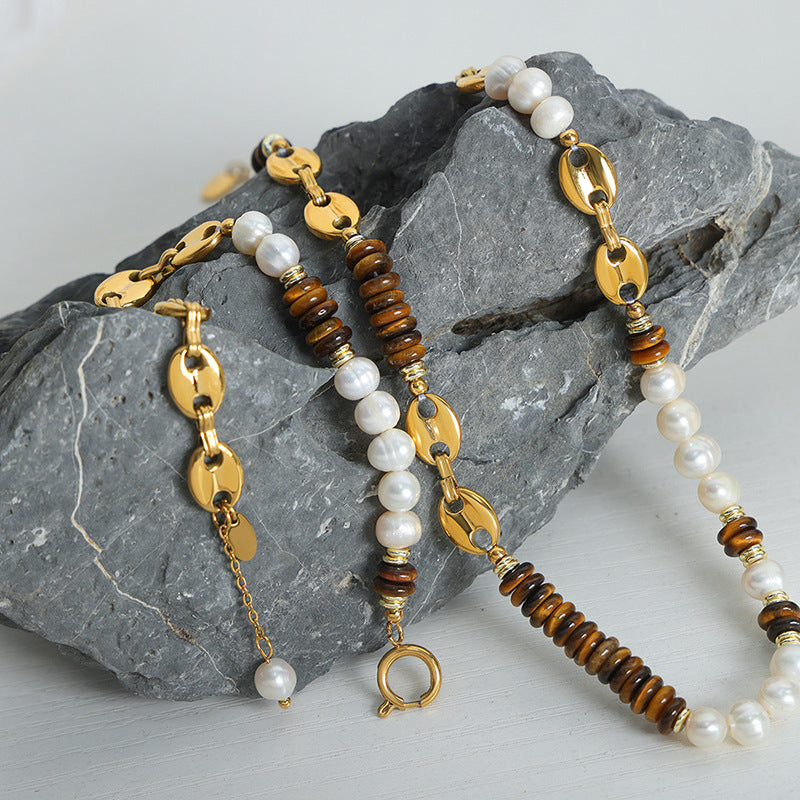 Elegant Tiger Eye and Freshwater Pearl Pig Nose Chain Jewelry Set for Women