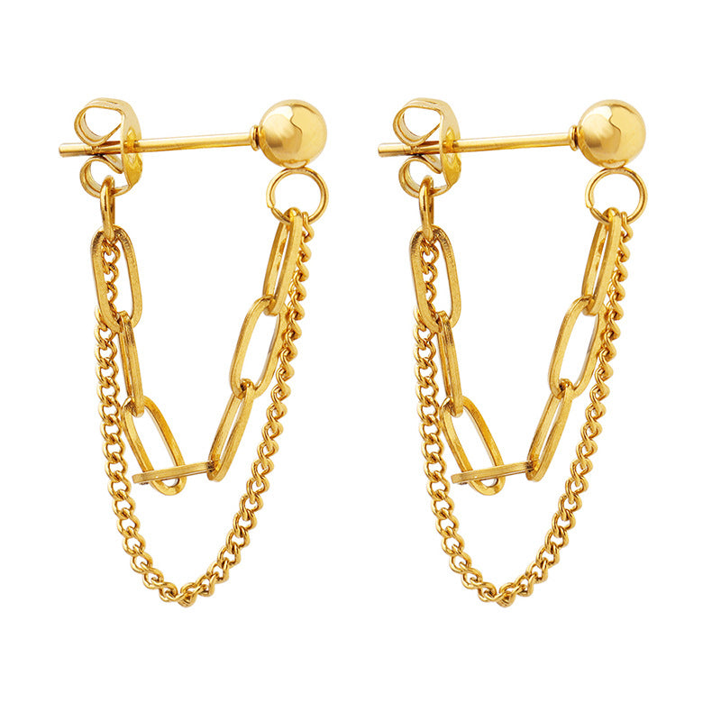 Trendy Double Layer Tassel Chain Earrings in Gold Plated Titanium Steel