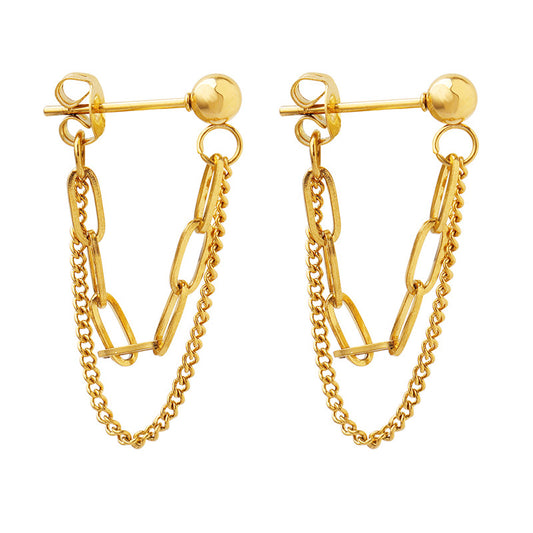 Trendy Double Layer Tassel Chain Earrings in Gold Plated Titanium Steel