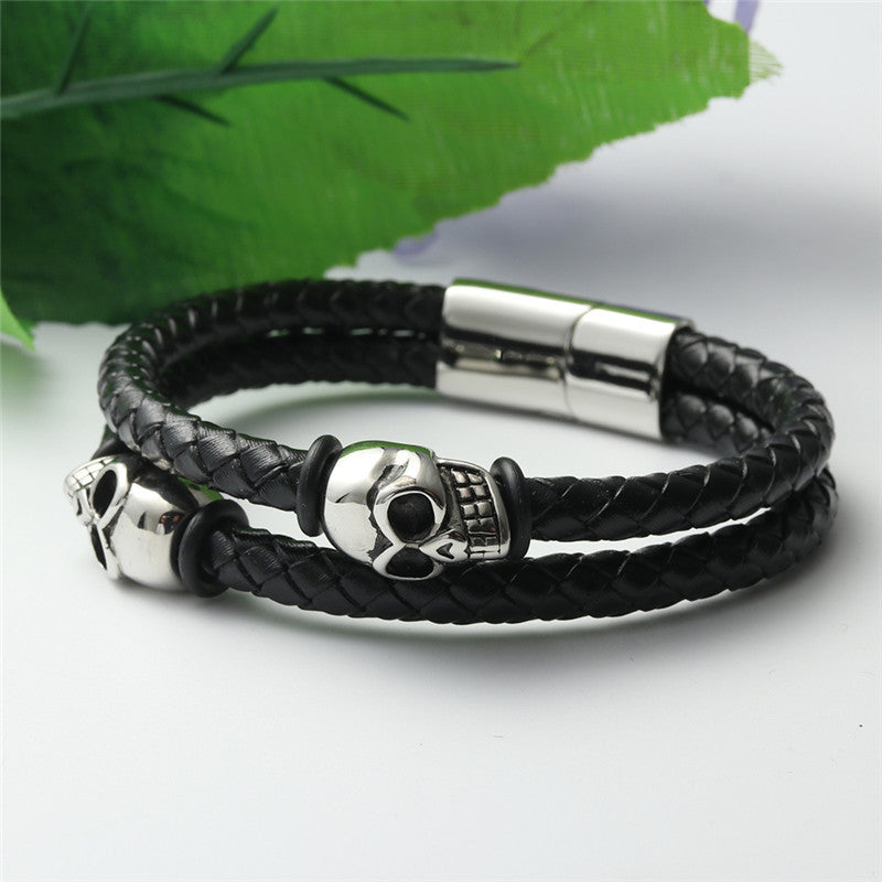 Titanium Steel Skull Bracelet for Men - Personalized Punk Leather Braided Design