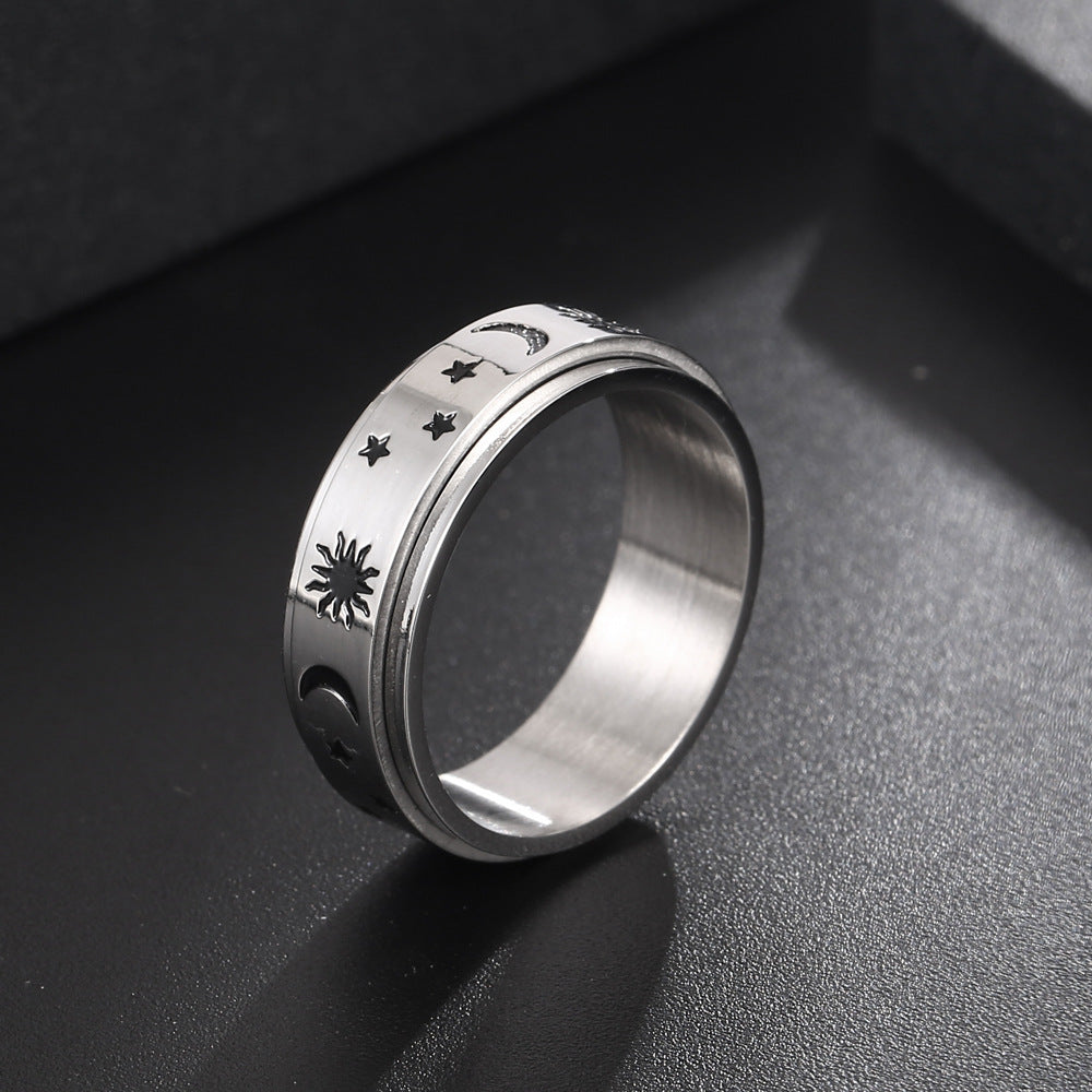 Titanium Steel Men's Ring with Gold, Silver, and Three-Star Design - Sun, Stars, and Moon Jewelry from Japan and South Korea