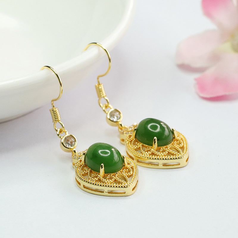 Green Jade Love Earrings with Sterling Silver Hooks