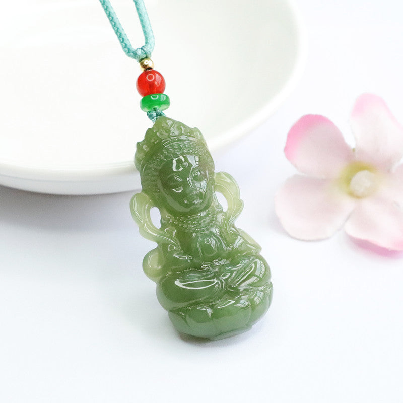 Green Lake Guanyin Jade Pendant with Sterling Silver Needle - Fortune's Favor Collection