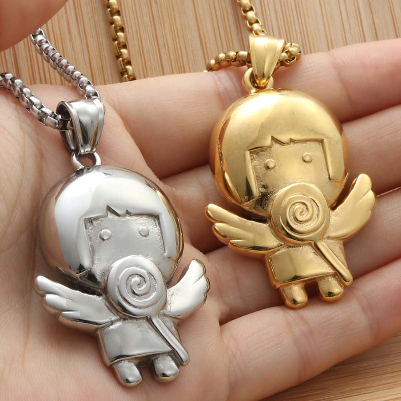 Trendy Punk Angel Pendant Necklace in Titanium Steel with Cartoon Lollipop Design for Women