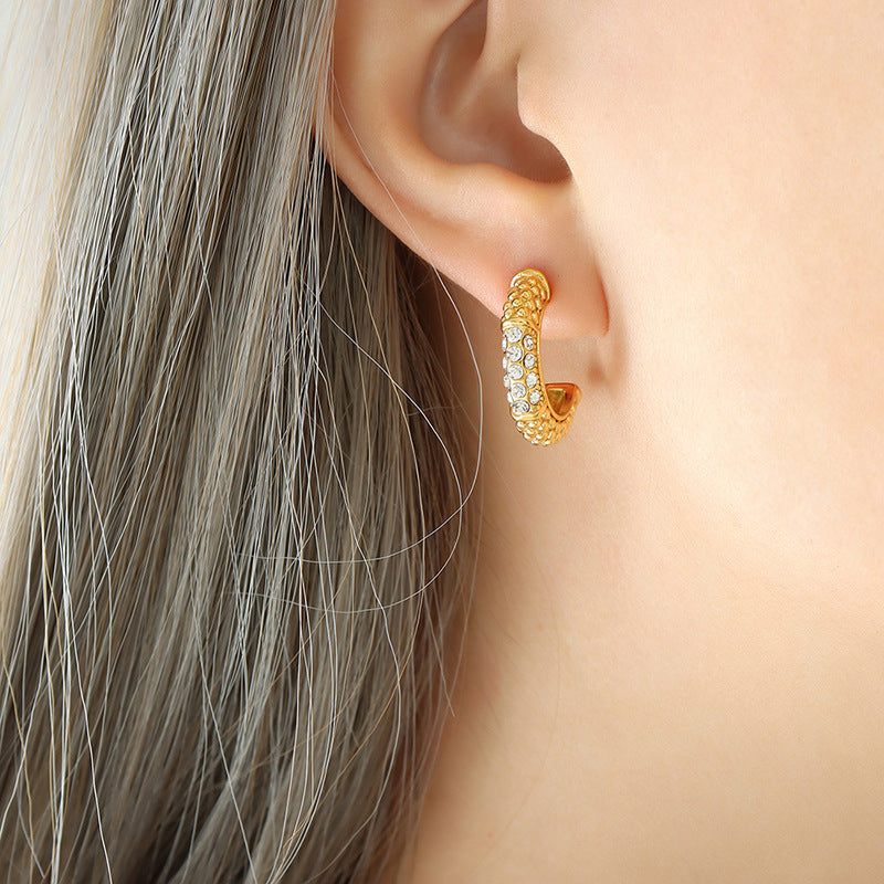 Golden Zircon C-Shaped Earrings by Planderful - Fashion Jewelry for Women