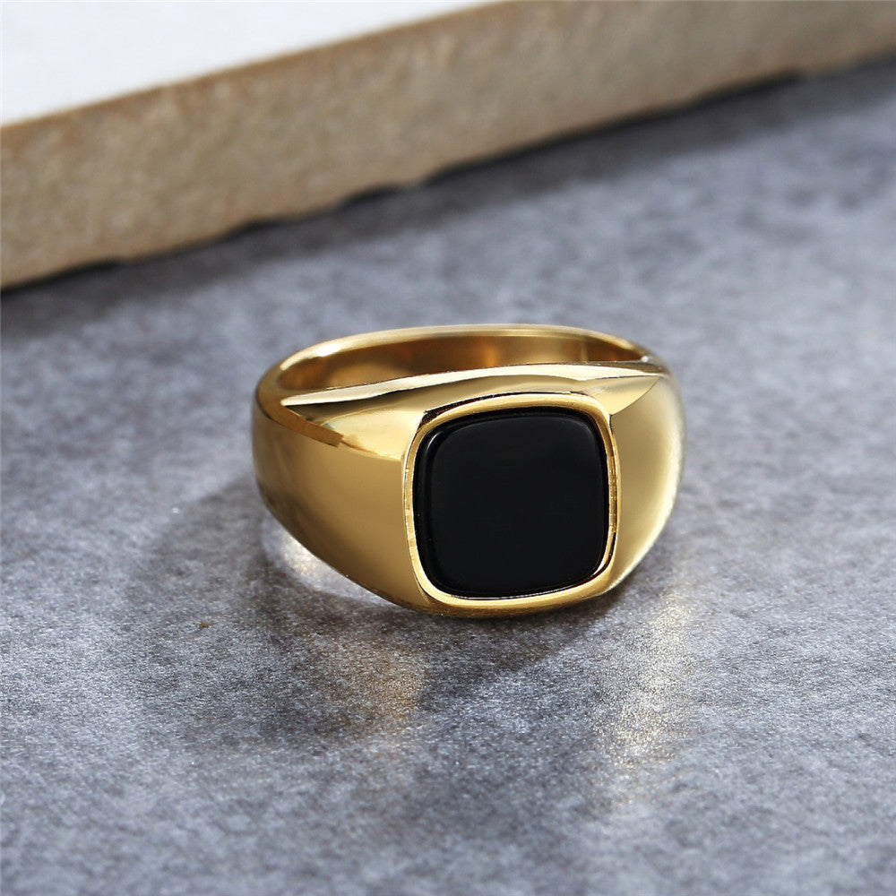 Stylish Small Black Square Stone Titanium Steel Rings for Men and Women