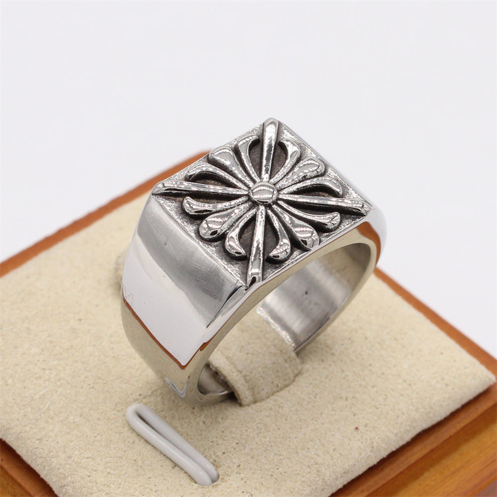 Cross Flower Square Titanium Steel Ring for Men