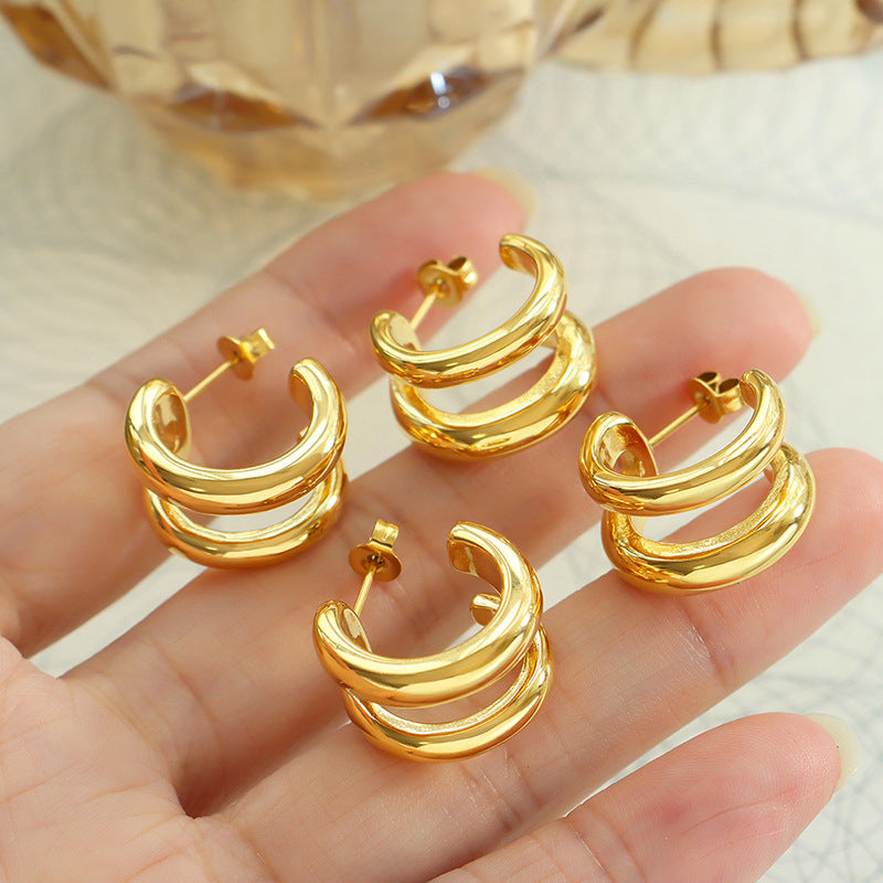 Chic Double Button C-Shaped Earrings in Titanium Steel with 18K Gold Plating