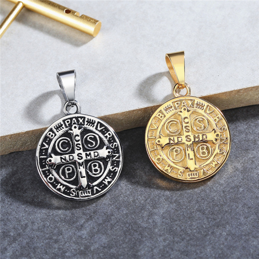 Exorcism Cross Round Disk Titanium Steel Pendant for Men