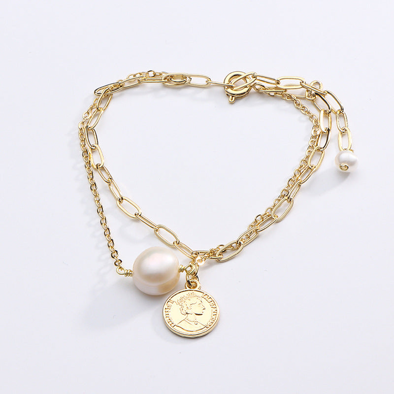 Luxurious Double-Layer Pearl Bracelet with Sterling Silver Chain