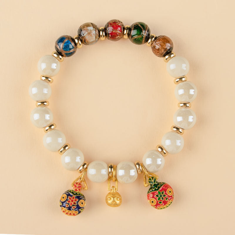 Ceramic Bracelet with Glazed Gray Porcelain and Five-color Beads