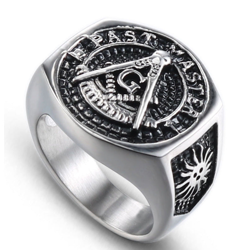 Retro Golden Freemasonry Titanium Steel Ring for Men - European and American Fashion Jewelry