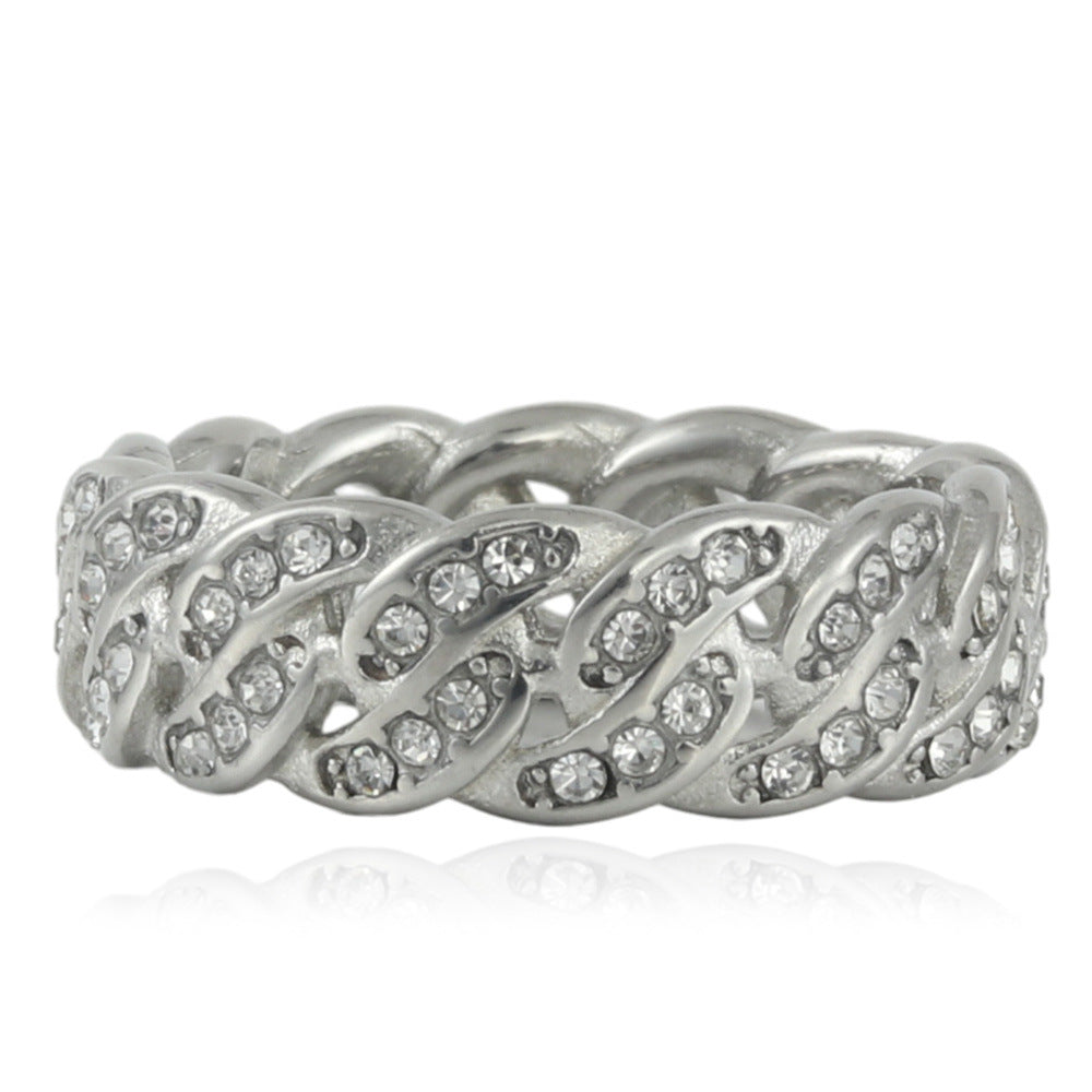 Trendy Titanium Steel Woven Chain Ring for Men and Women - Punk Retro Multi-Zircon Design