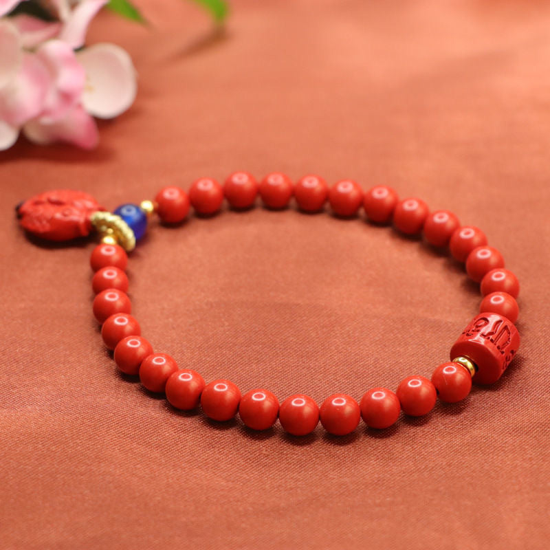 Cinnabar Double Fish Bracelet with Six-character Proverbs Sterling Silver Jewelry