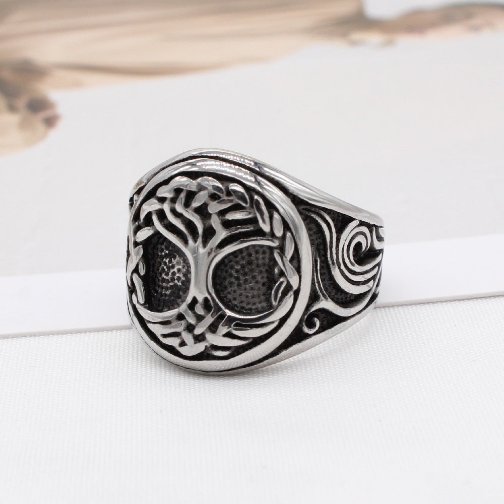 European and American Retro Life Tree Men's Titanium Steel Rings - Wholesale Jewelry