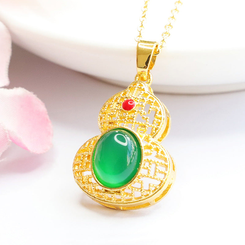 Natural Green Chalcedony Red Agate Hollow Gourd Golden Pendant Ethnic Style