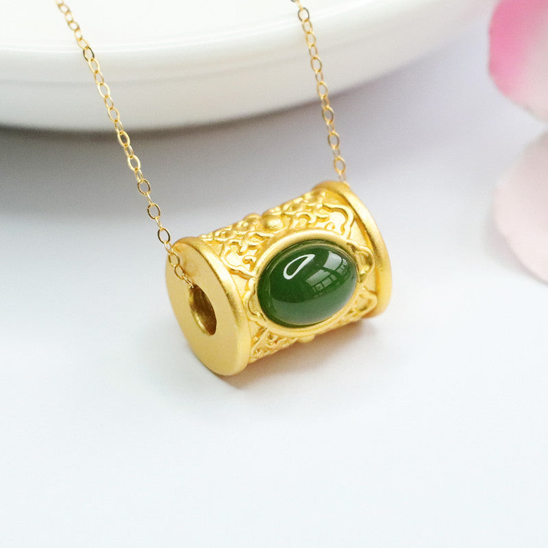 Sterling Silver Oval Hetian Jade Jasper Bead Necklace with Golden Bucket Detail