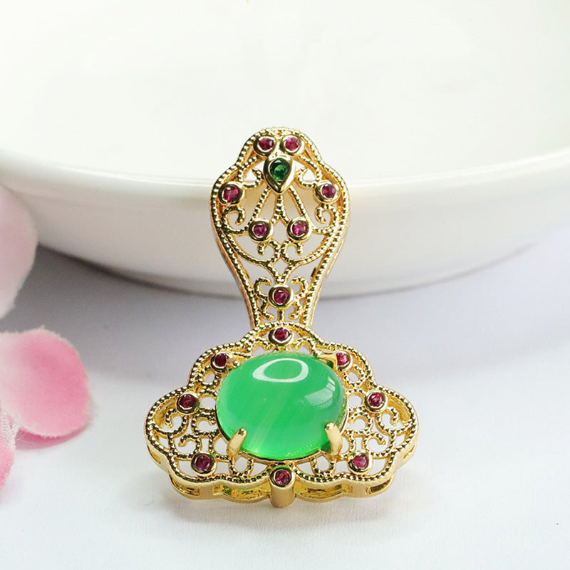 Auspicious Cloud Ruyi Golden Pendant with Ice Green Chalcedony and Red Agate in Ethnic Style