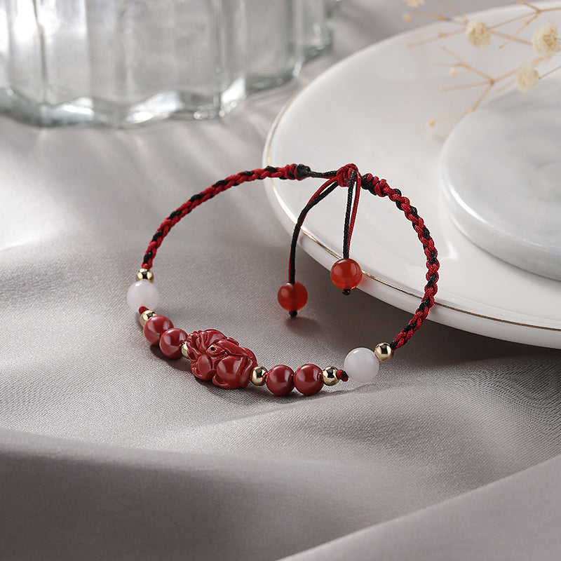 Cinnabar Braided Rope Bracelet with Sterling Silver and Bai Yueguang Charm