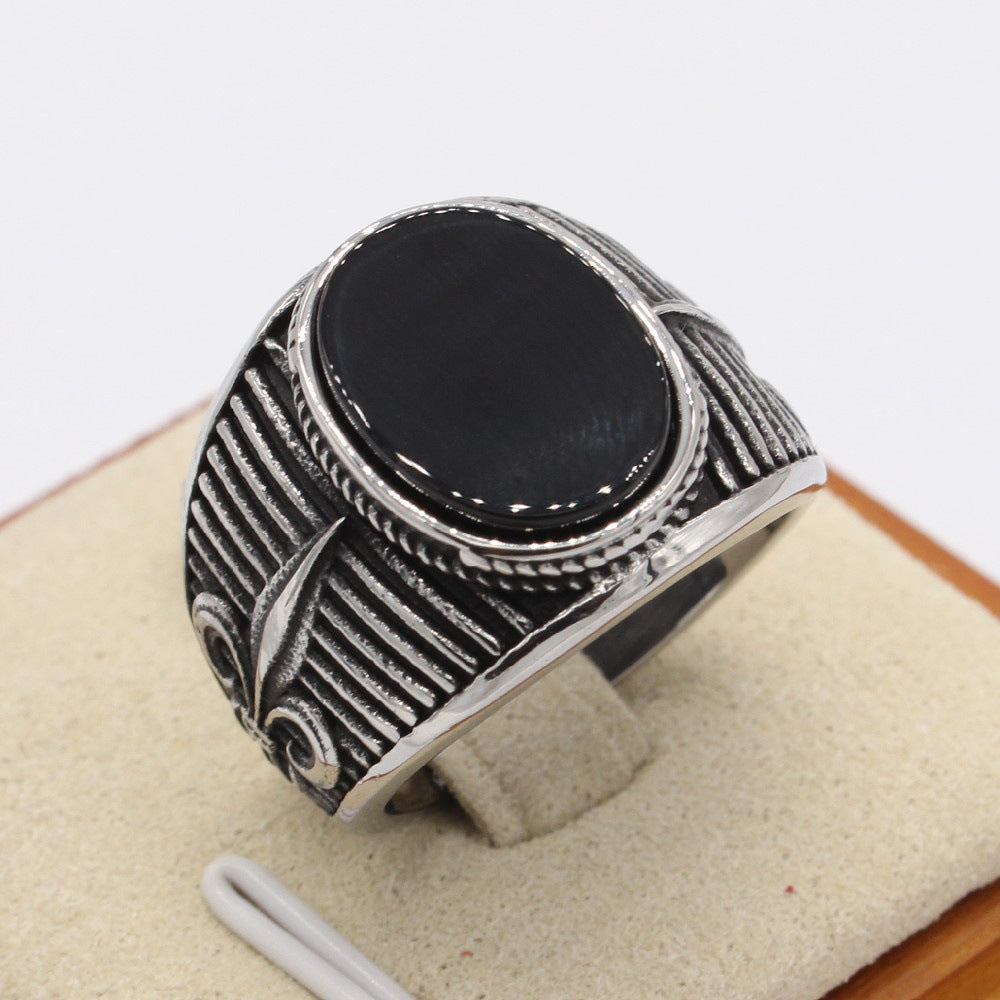 Black Stone Childern Flower Titanium Steel Ring for Men