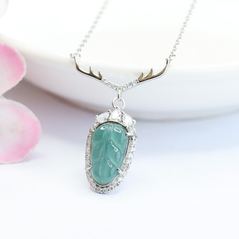 Sterling Silver Natural Jade Pendant Blue Green Leaf Zircon Antler Necklace