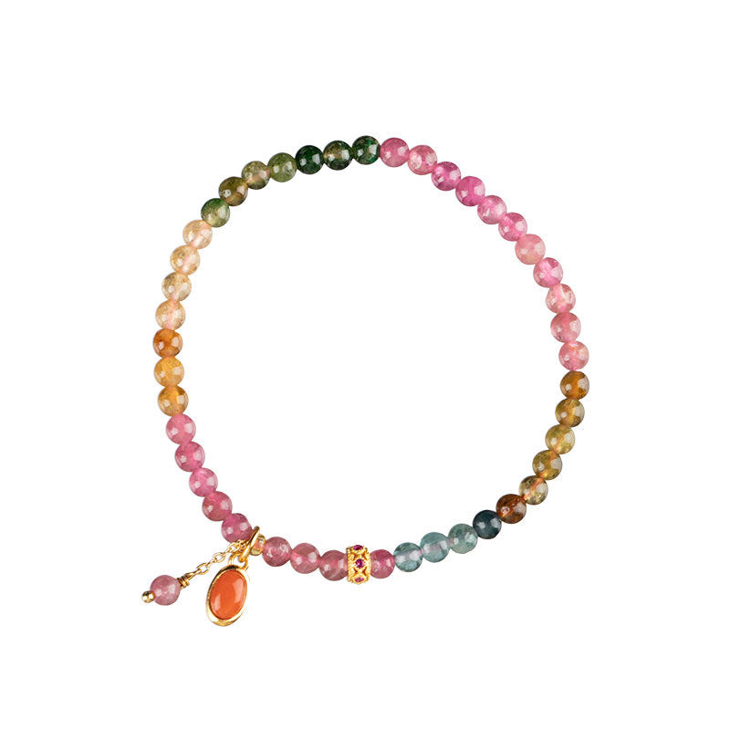 Luxurious S925 Sterling Silver Bracelet with Natural Rainbow Tourmaline and Red Agate